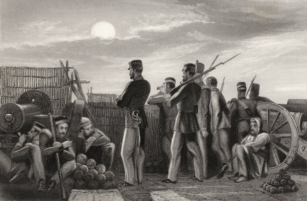 Batteriet vid Lucknow, försvararna på utkik, från "The History of the Indian Mutiny". av English School