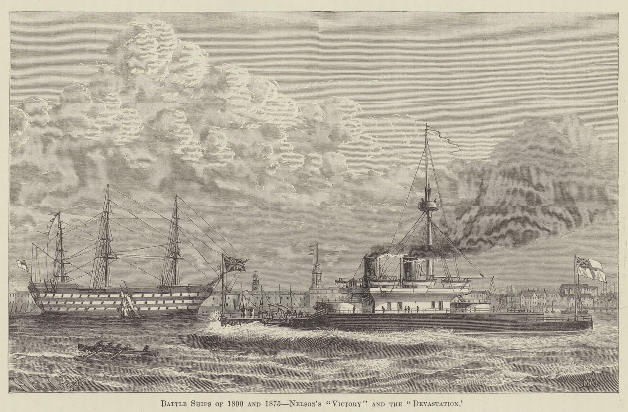 Slagskepp från 1800 och 1875, Nelsons "Victory" och "Devastation" (gravyr) av English School