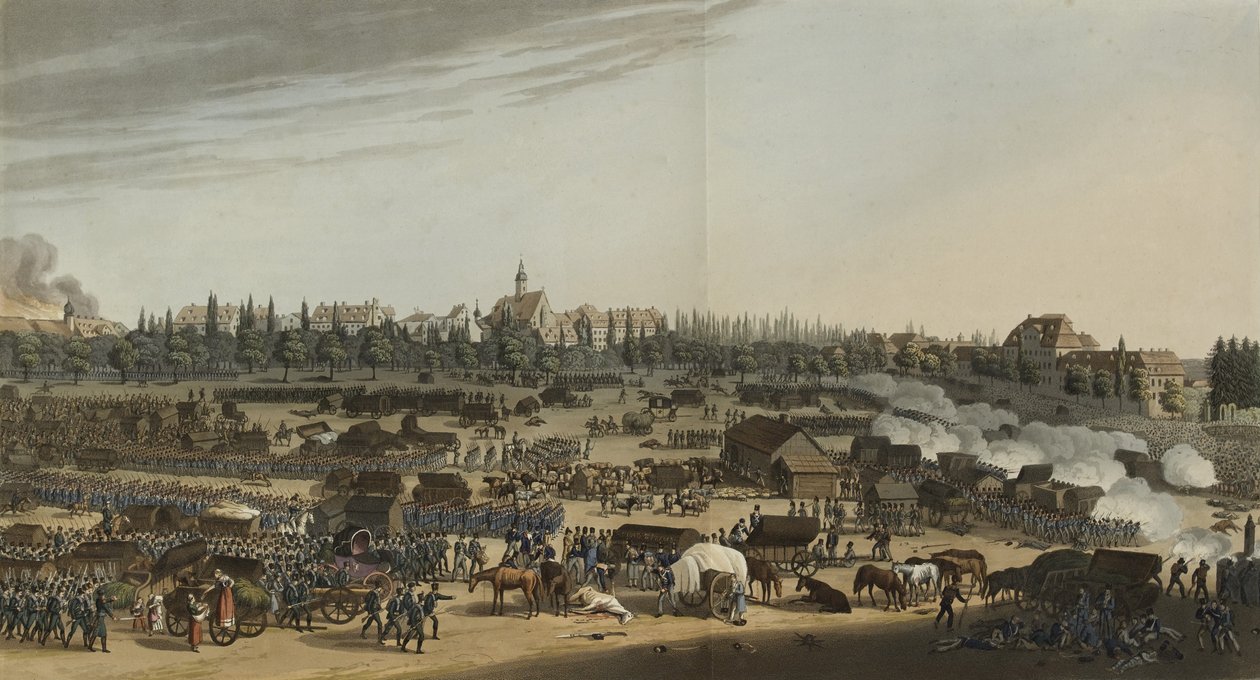 Slaget vid Leipzig, 16-19 oktober 1813, från En illustrerad uppteckning över viktiga händelser i Europas annaler under åren 1812, 1813, 1814 & 1815, 1815 (färgakvatint) av English School