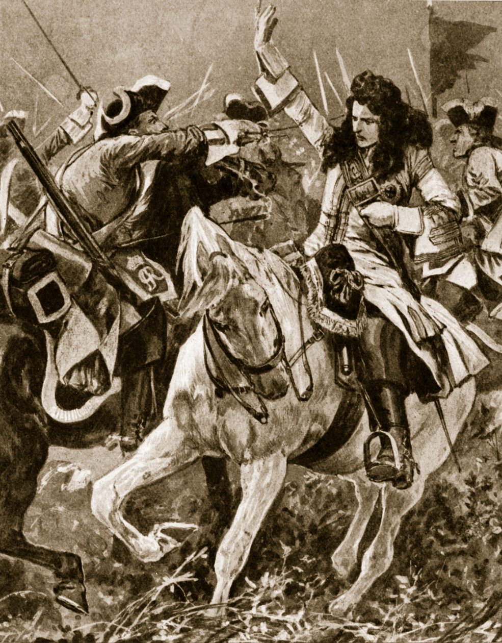 Slaget vid Malplaquet, 11 september 1709: Chevalier St. George sårad under det spanska tronföljdskriget; av English School