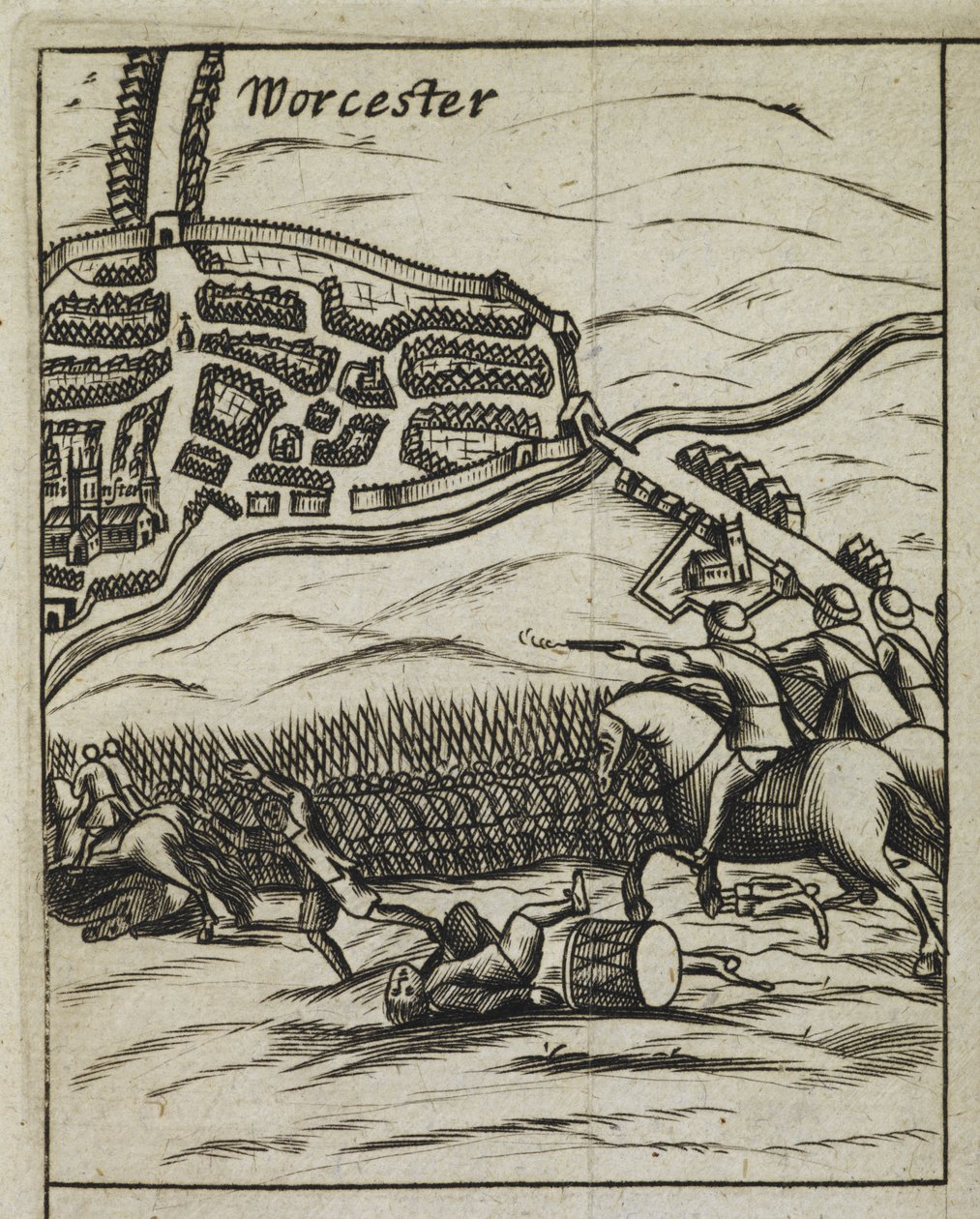 Slaget vid Worcester-scenen, från "The History of his Sacred Majestys most Wonderfull Preservation, after the Battle of Worcester" av English School