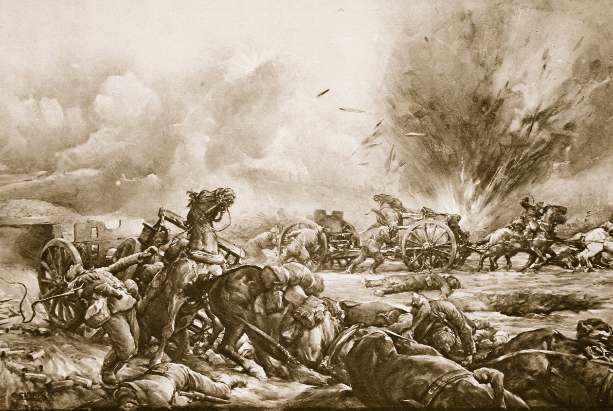 Bavarian Battery fångade av brittisk vapeneld när de klättrade upp söder om Rapaume Road, 1914-19 av English School