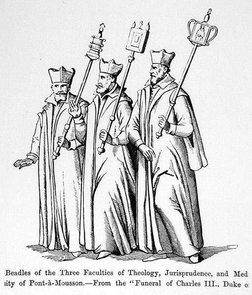 Beadles från de tre fakulteterna för teologi, rättsvetenskap och medicin, från Karl III:s (1543-1608) begravning, hertig av Lorraine, illustration från vetenskap och litteratur under medeltiden och th av English School