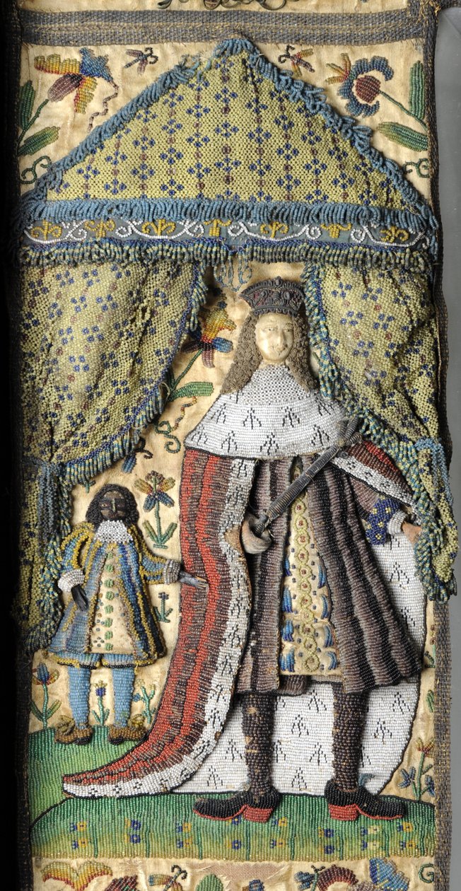 Pärlspegel, ca. 1672-79 (silke-, metall- och lädertrådar med glaspärlor och spangles på siden-satängslipad ek) av English School