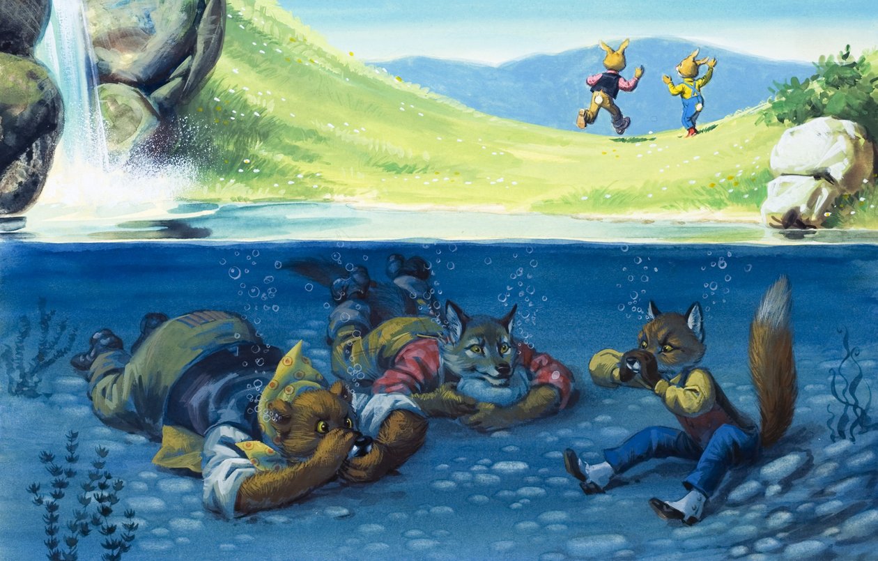 Björn, varg och räv gömmer sig under vatten (gouache på papper) av English School