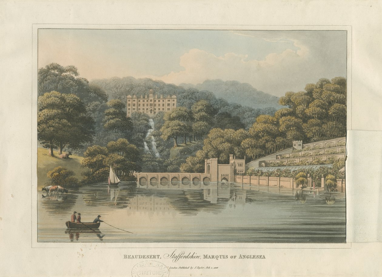 Beaudesert Hall and Park: färgad akvatintgravyr, 1816 av English School