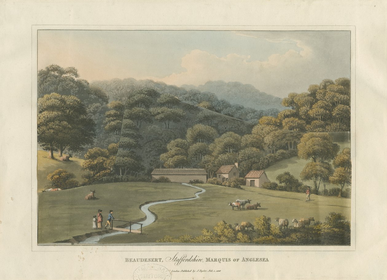 Beaudesert Park: färgad akvatintgravyr, 1816 av English School