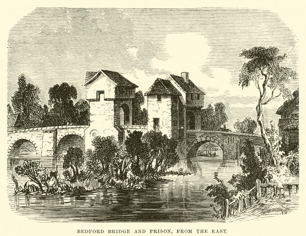 Bedford Bridge och fängelset; från öster (gravyr) av English School