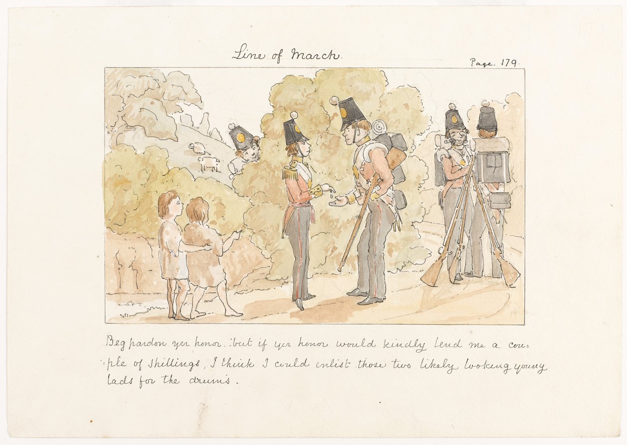 Ber Ursäkta din ära, men om din ära snällt skulle låna mig ett par shilling tror jag att jag skulle kunna värva dessa två troligtvis ser unga pojkar till trummorna, ca 1850 (akvarell på papper) av English School