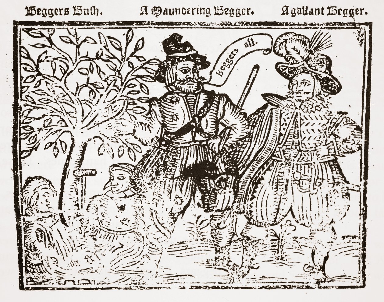 Beggars All: Beggars Bush, a Wandering Beggar and a Gallant Beggar, titelsida till The Praise, Antiquity and Commodity of Beggary, Beggars and Begging av English School