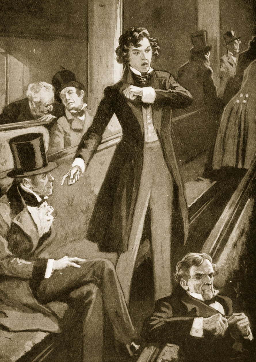 Benjamin Disraeli håller sitt första tal i kammaren av English School
