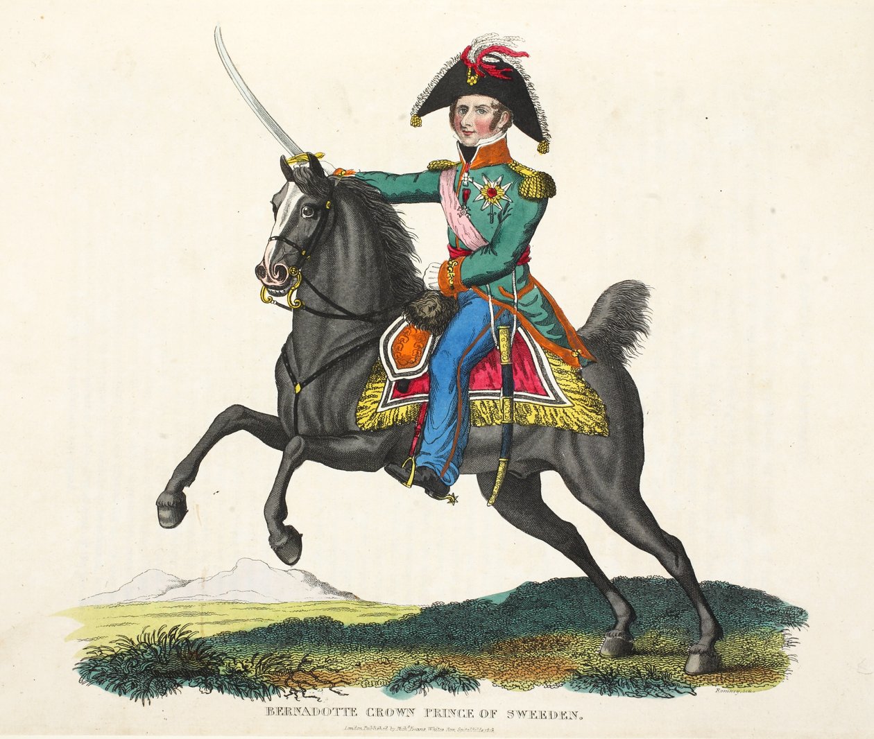 Bernadotte, Sveriges kronprins, pub. av Richard Evans, engr Romney, illustration från An Historical Account of the Battle of Waterloo av William Mudford, 1816 av English School