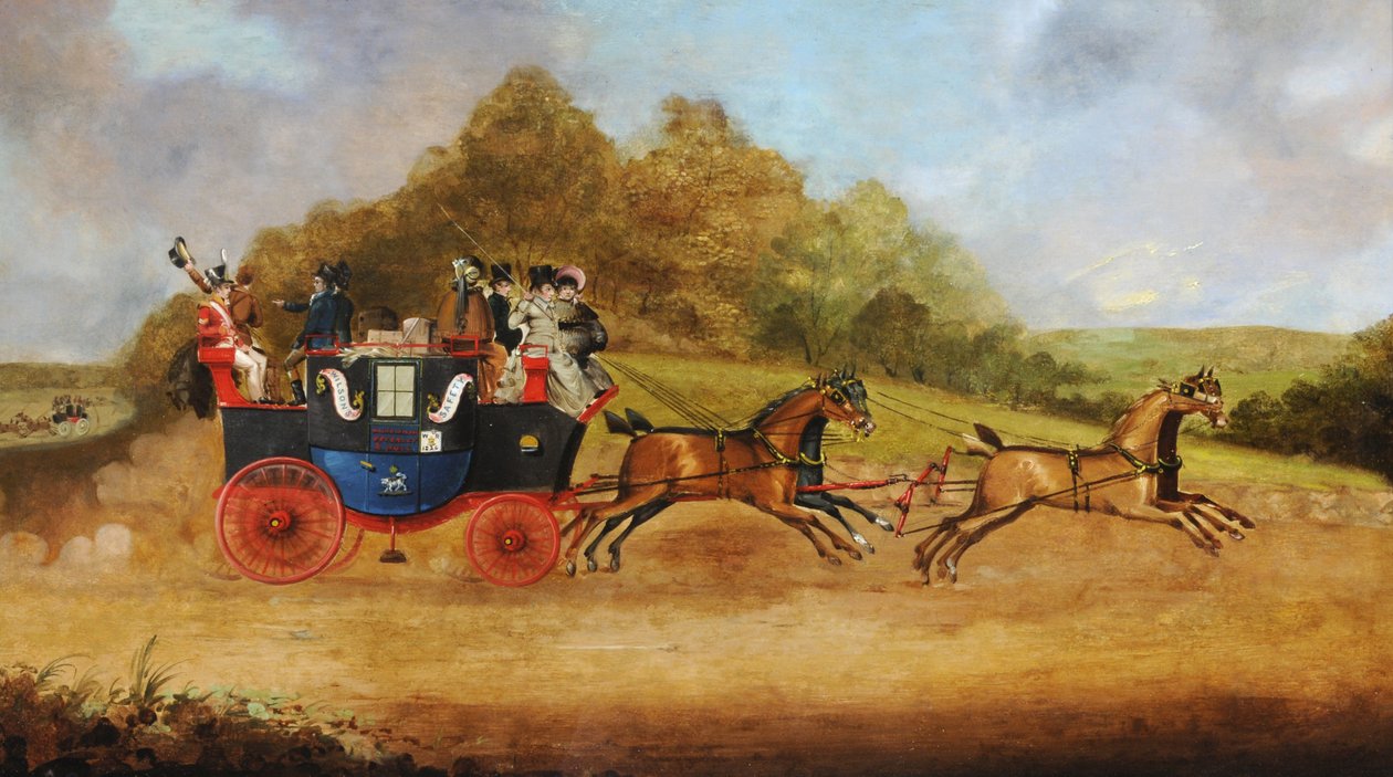 Beverley and Hull Passenger Coach, ca 1826 (olja på duk) av English School