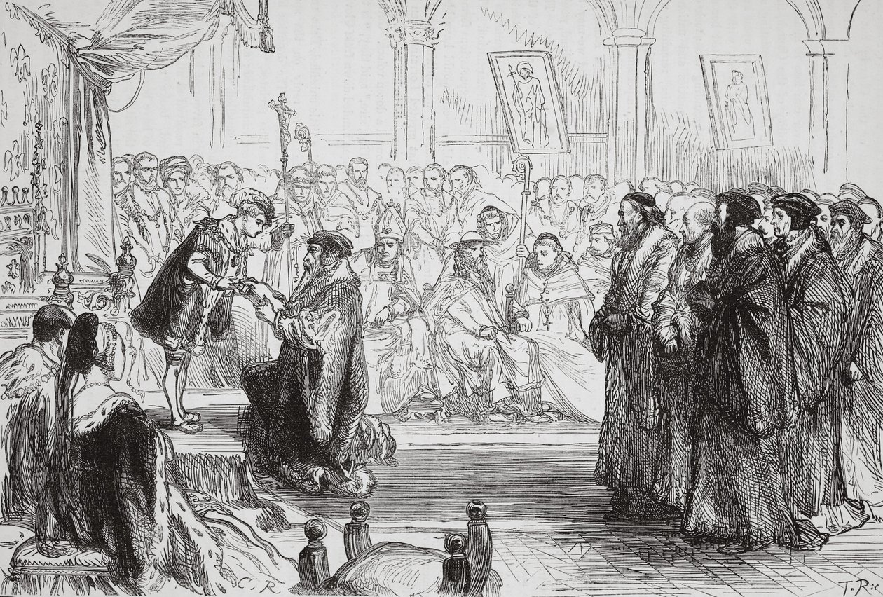 Beza presenterar den franska protestantiska kyrkans bekännelse för kungen vid Poissy-kollektionen, illustration från The History of Protestantism av James Aitken Wylie (1808-1890), pub. 1878 (eng av English School