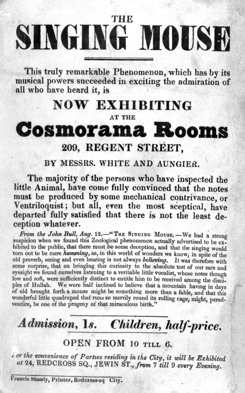 Billaffisch för utställningen The Singing Mouse på Cosmorama Rooms, 209 Regent Street, ca. 1836 av English School
