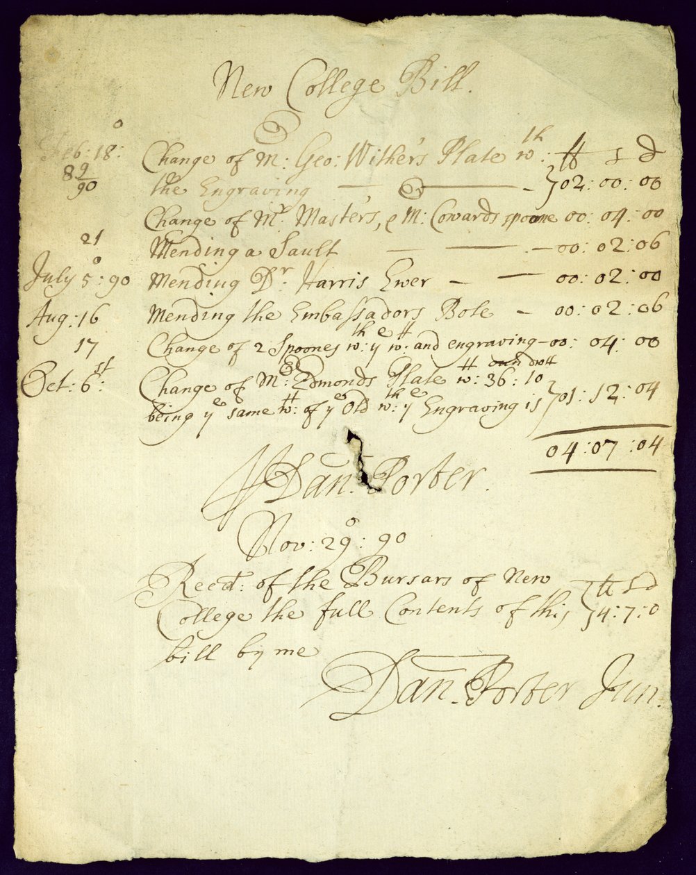Bill från Daniel Porter till New College, 1690 av English School
