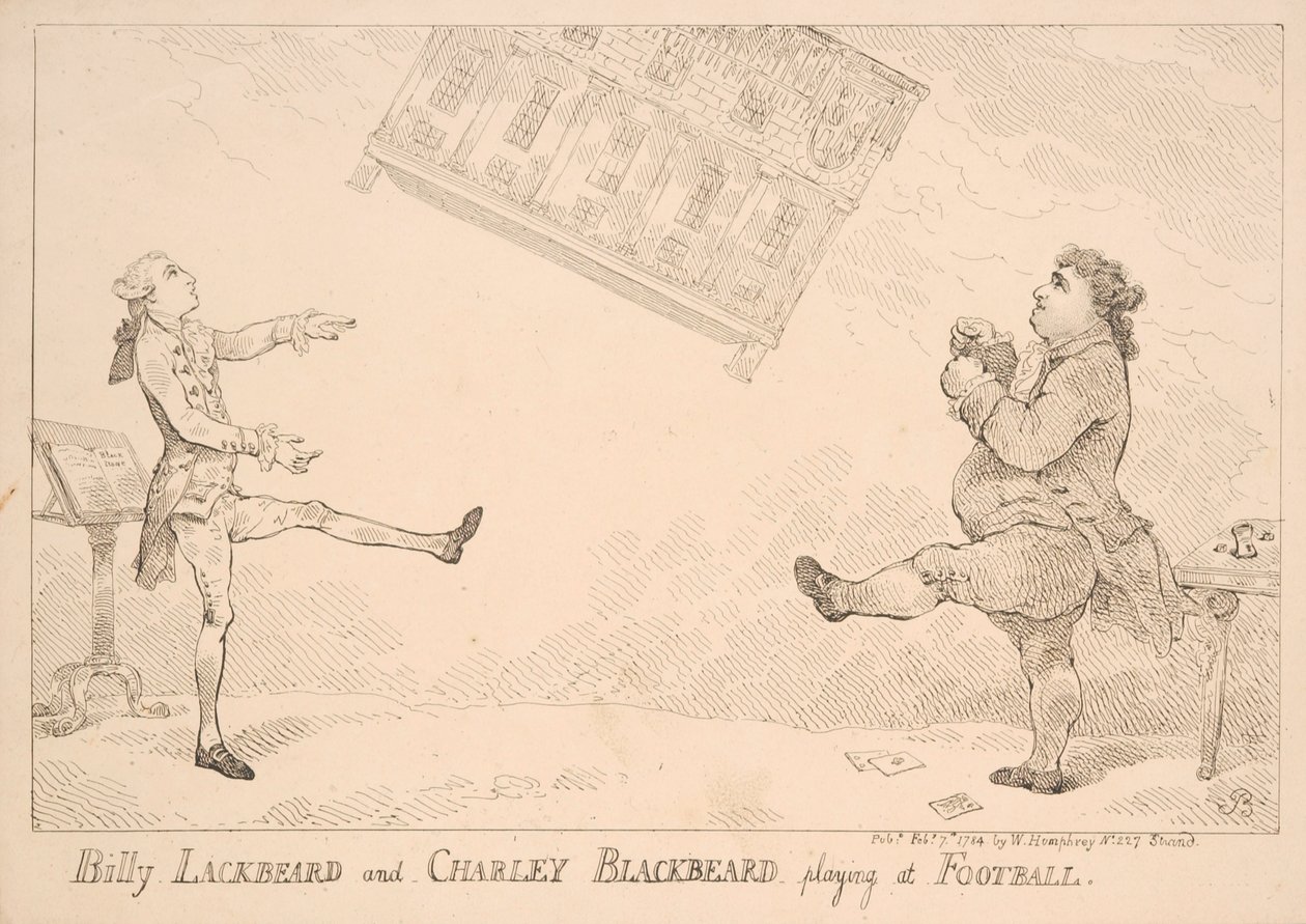 Billy Blackbeard och Charley Blackbeard spelar på fotboll, satirisk serie med hänvisning till East India Bill, publicerad av W. Humphrey, 1744 av English School