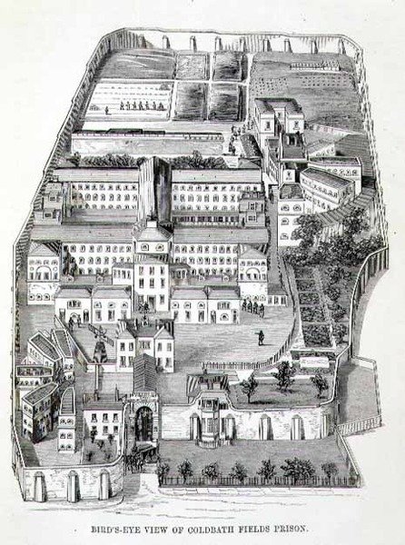 Fågelperspektiv över Coldbath Fields Prison, från "The Criminal Prisons of London and Scenes of Prison Life" av Henry Mayhew (1812-87) och John Binny av English School