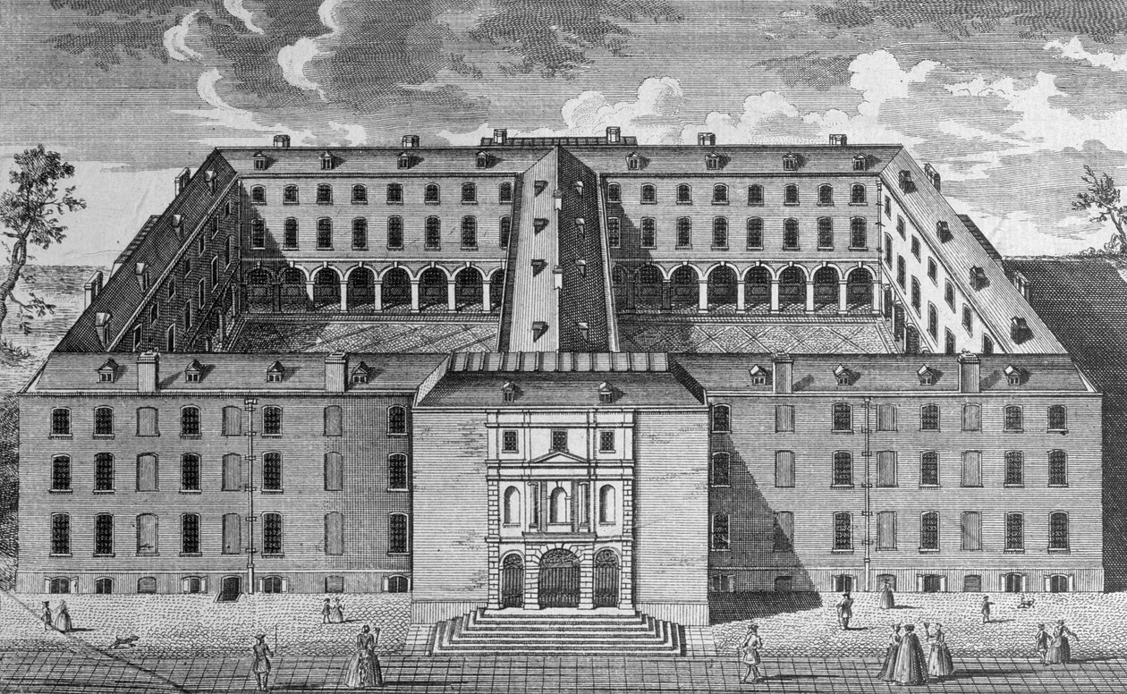 Fågelperspektiv över Guys Hospital, Southwark, med figurer i förgrunden, ca 1780 av English School