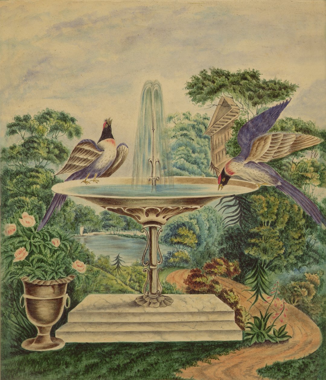 Fåglar i en fontän i en landskapspark, ca 1840 (wc på papper) av English School