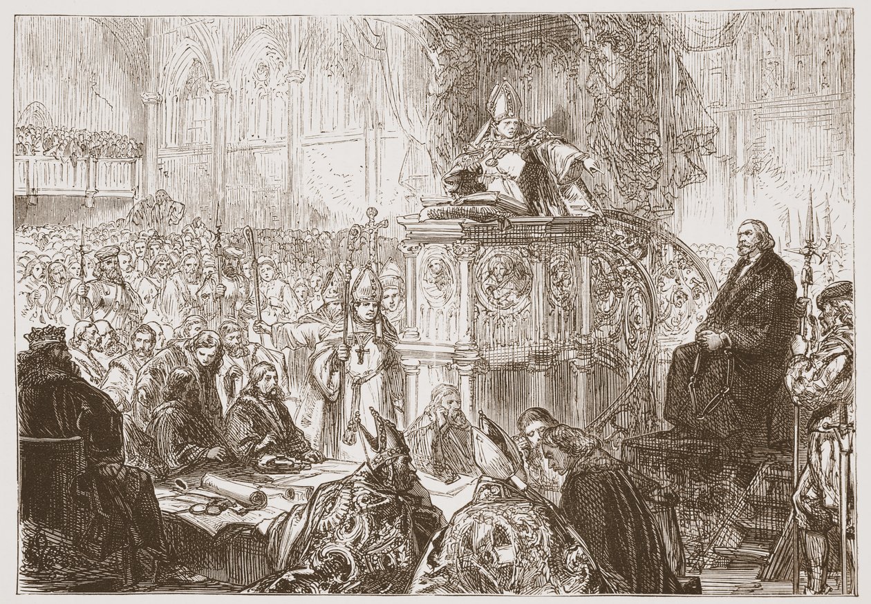 Biskop av Lodi predikar vid rättegången mot Huss, illustration från The History of Protestantism av James Aitken Wylie (1808-1890), pub. 1878 av English School