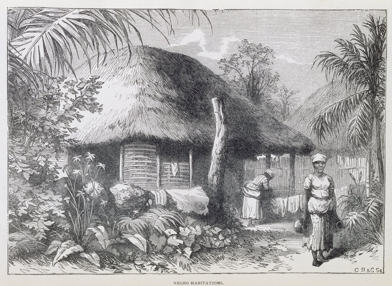 Black Habitations, från "Santo Domingo Past and Present" av Samuel Hazard, pub. 1873 (gravyr) av English School