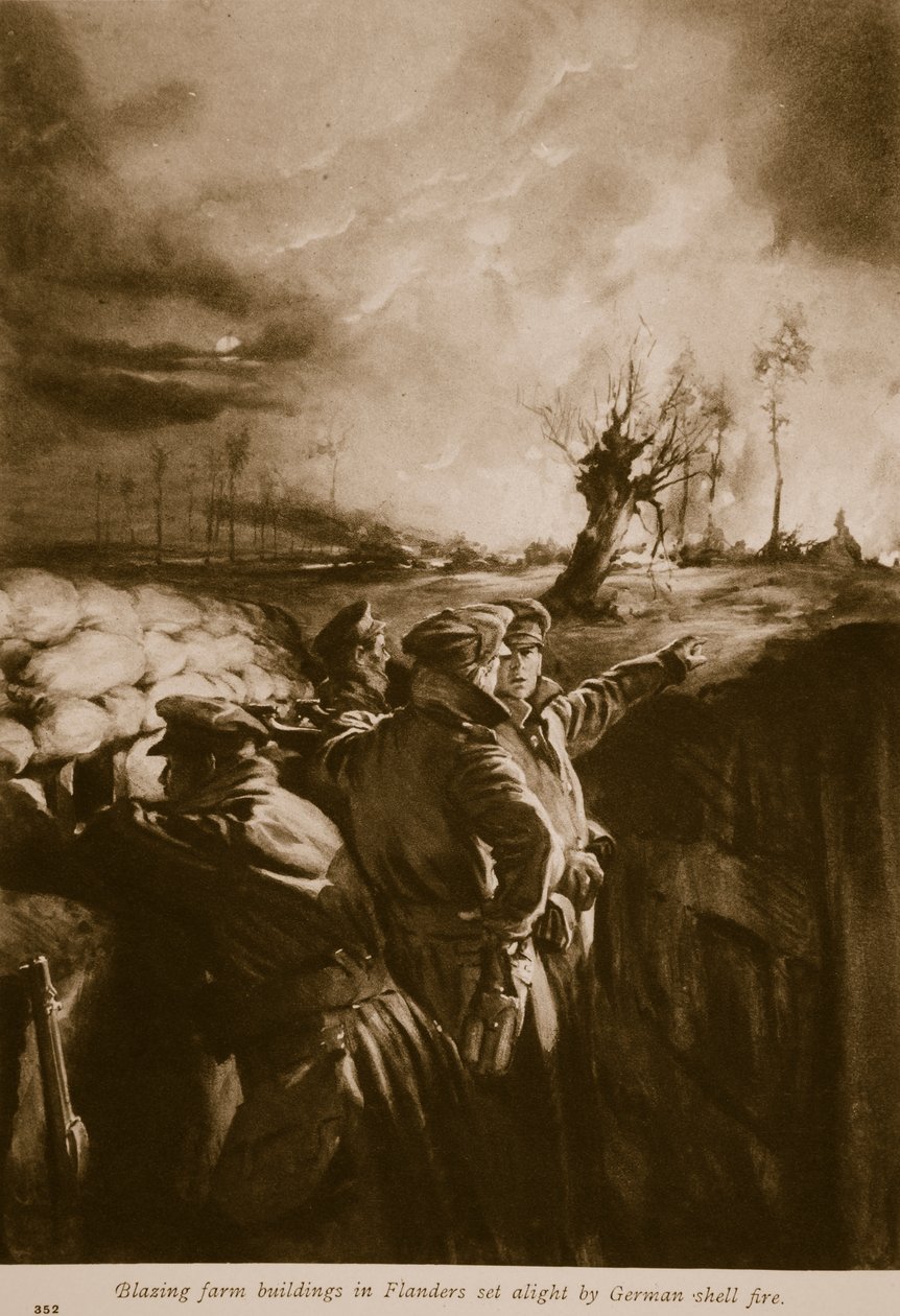 Brinnande gårdsbyggnader i Flandern tändes av tysk granatbrand, 1914-19 av English School