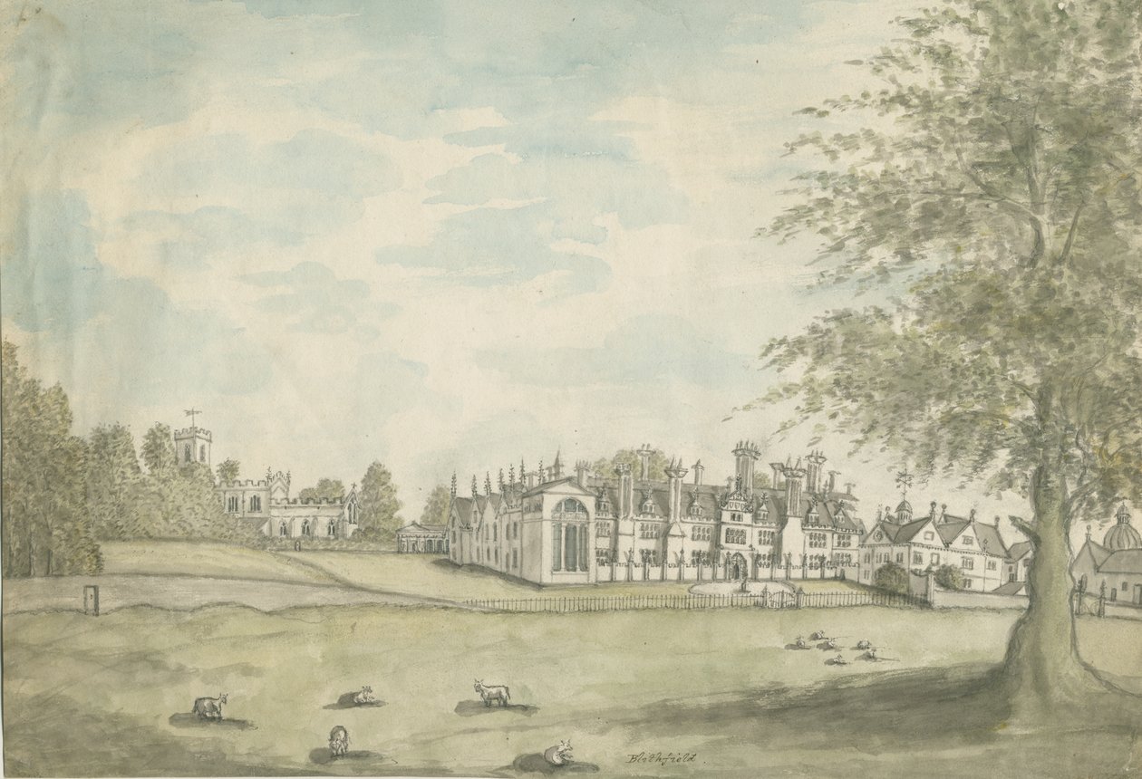 Blithfield Hall: akvarellmålning, nd [1700-talet] av English School