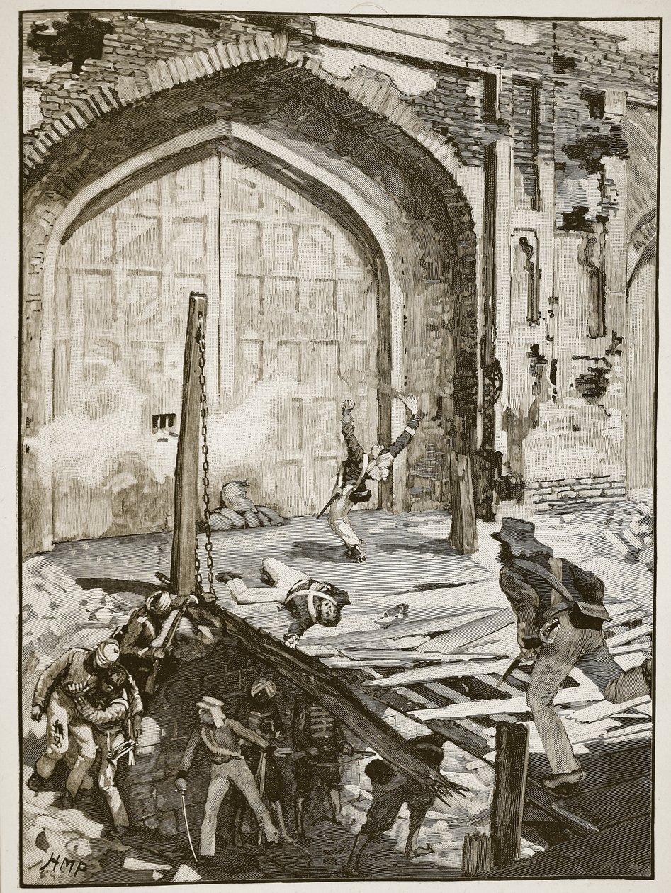 Spränger Cashmere-porten i Delhi, illustration från Cassells Illustrated History of England (sepiafoto) av English School