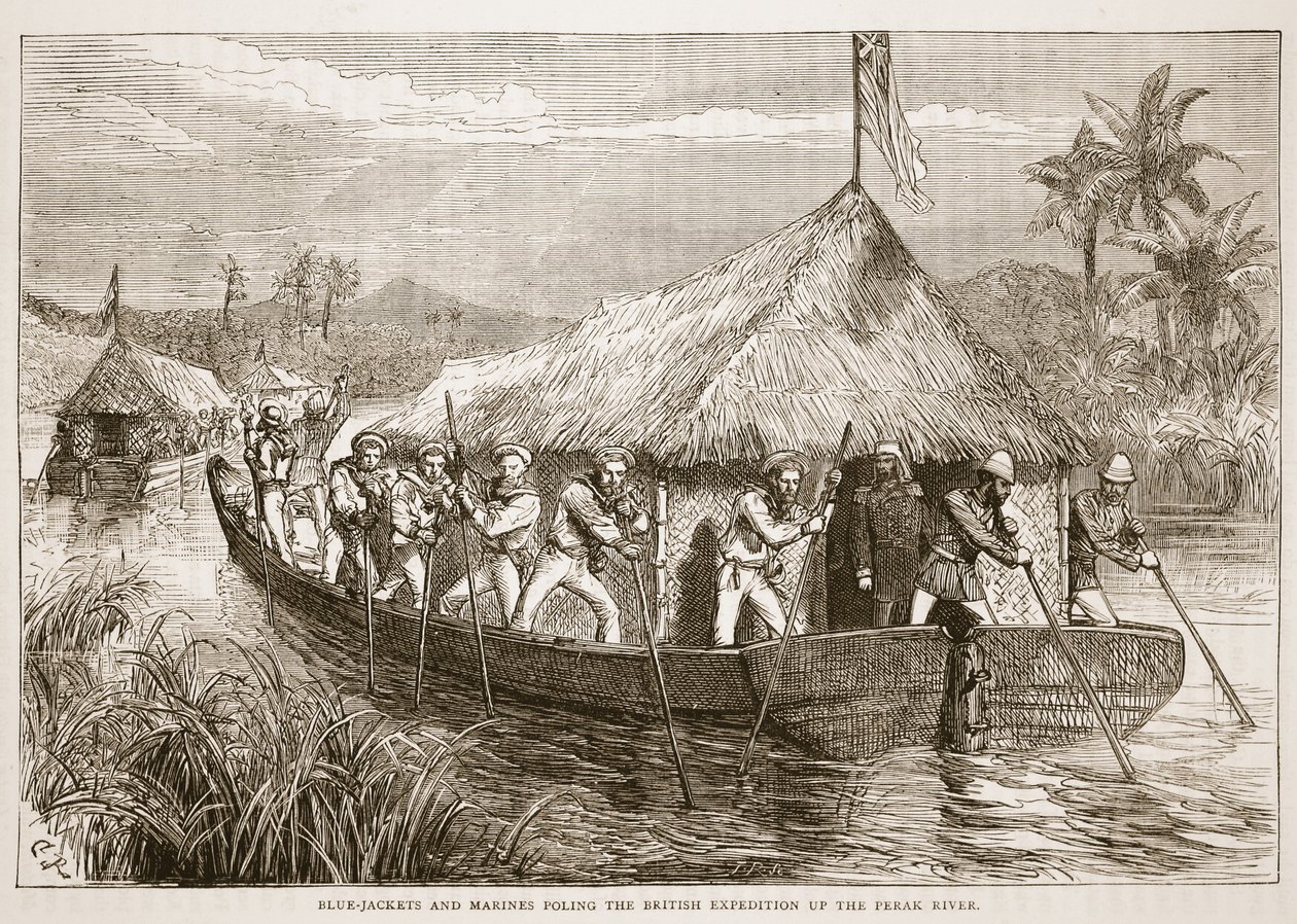 Blue-jackets och marinsoldater polar den brittiska expeditionen uppför Perakfloden, illustration från Cassells Illustrated History of England av English School