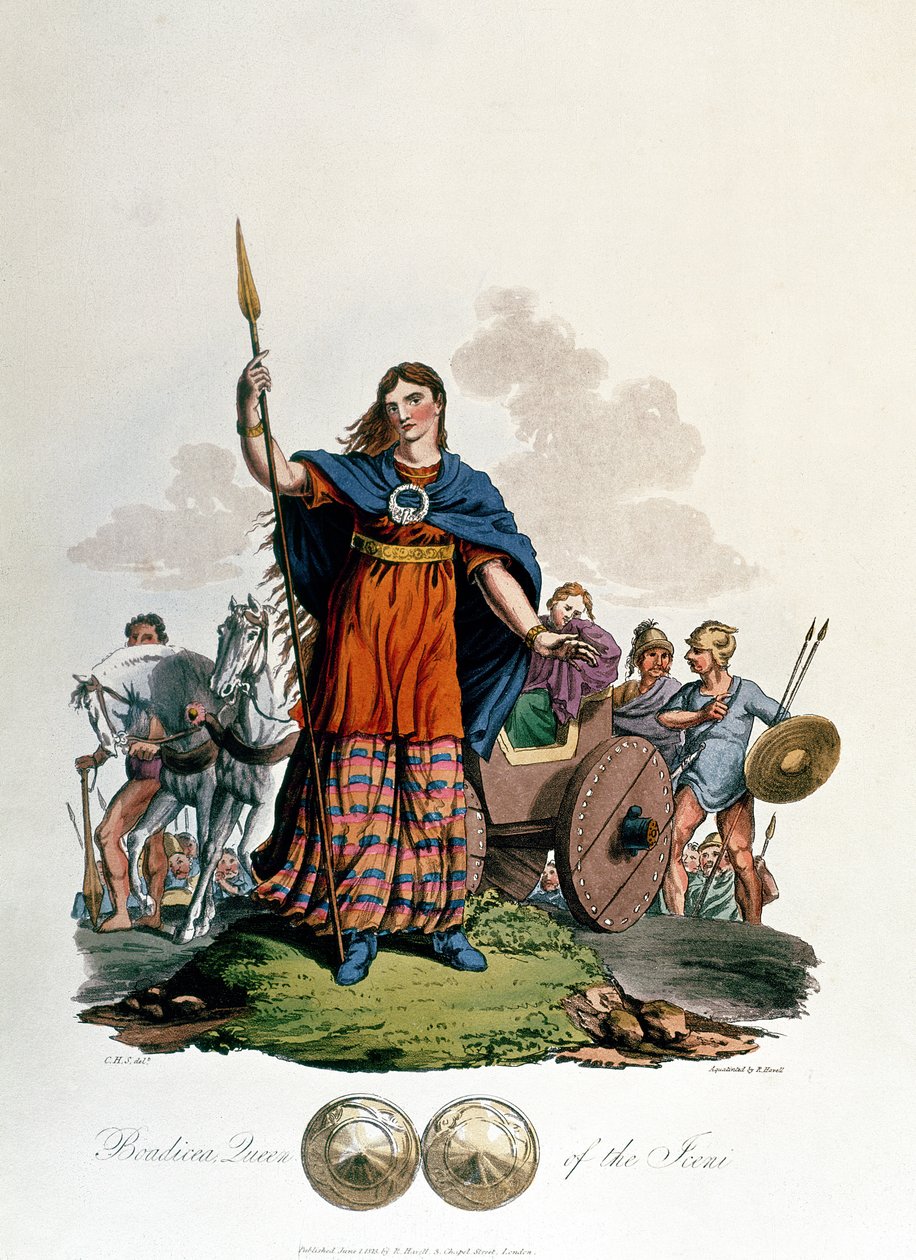Boadicea, Queen of the Iceni, designad av C.H.S., graverad av Richard Havell den äldre, publicerad 1815 (akvatint) av English School