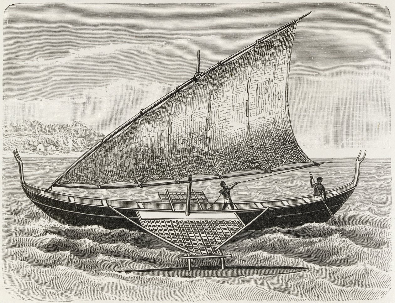 Boat of the Mortlock Islands, med stödben och segel av rush-matting, från 