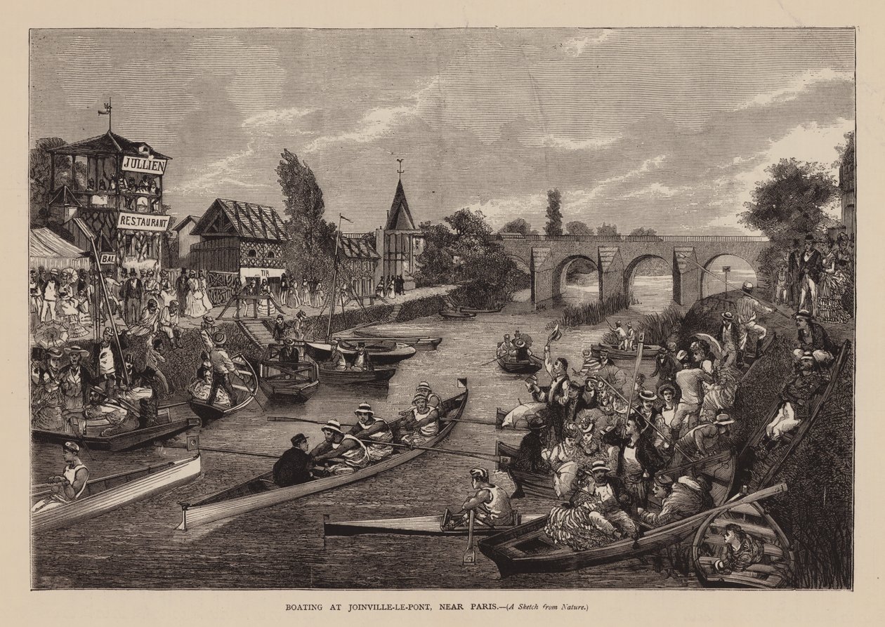 Båtliv vid Joinville-Le-Pont, nära Paris (gravyr) av English School