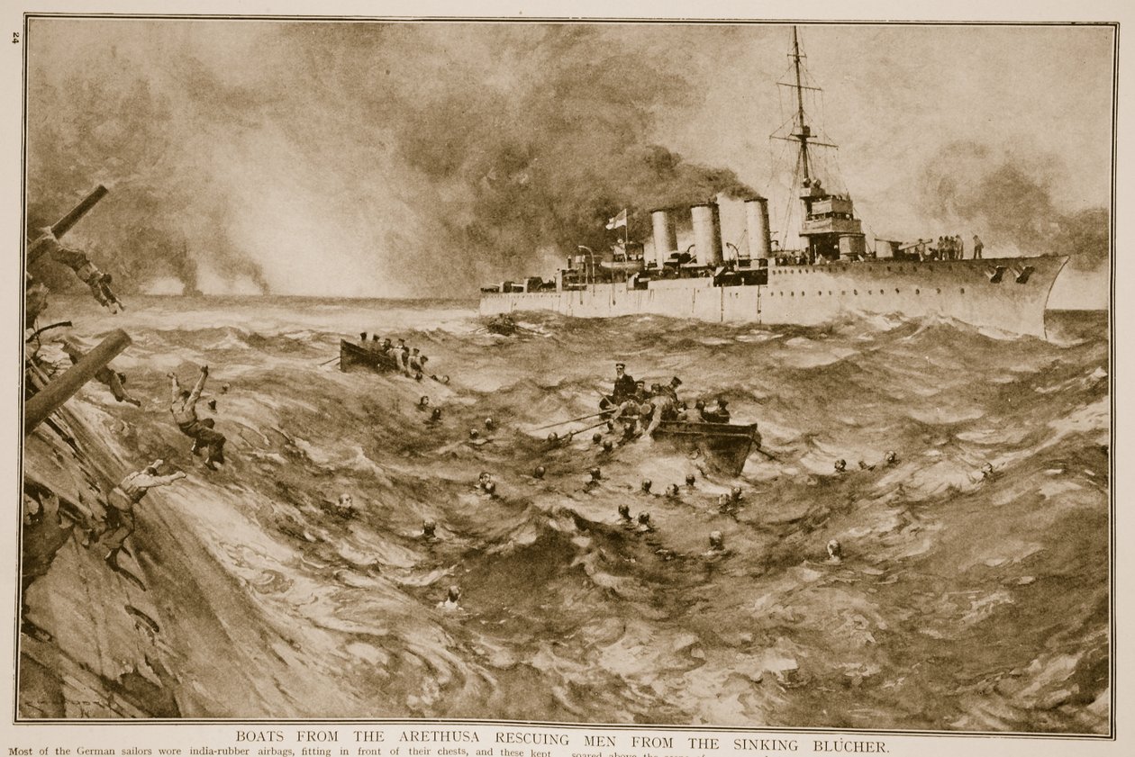 Båtar från Arethusa som räddade män från det sjunkande Blucher, 1914-19 av English School
