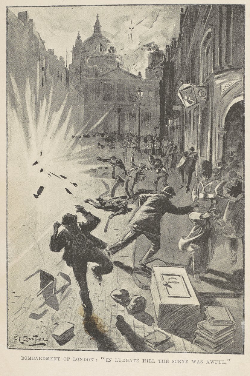 Bombardement av London: "I Ludgate Hill var scenen hemsk", frontispiceillustration från "Det stora kriget i England 1897" av William Le Queux av English School