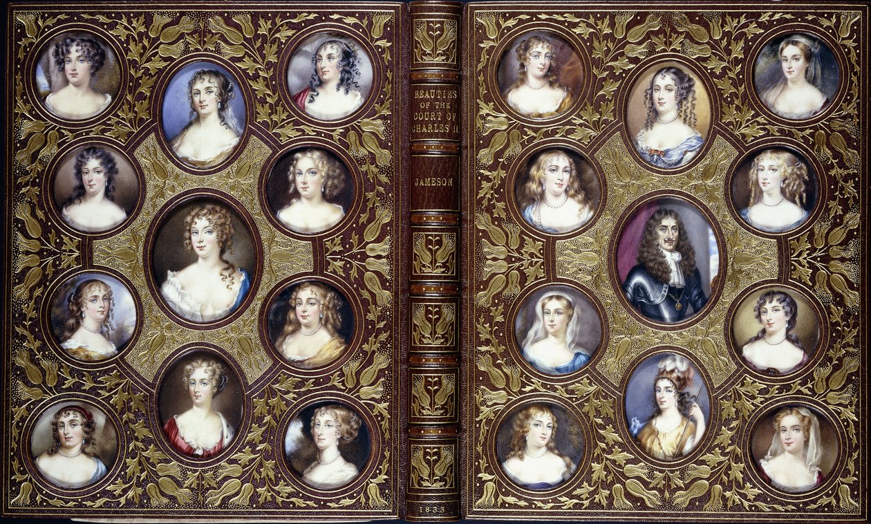 Bokomslag med tjugotvå porträttminiatyrer av Karl II och hans hovs vackra kvinnor, 1833 av English School