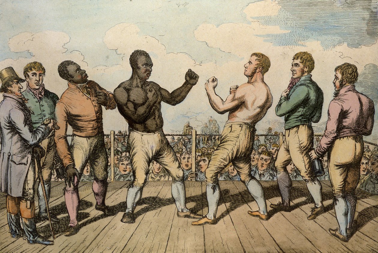 Boxningsmatch mellan Cribb (1781-1848) och Molineaux (d.1818) vid Thistleton Gap, Rutland, 1811 av English School