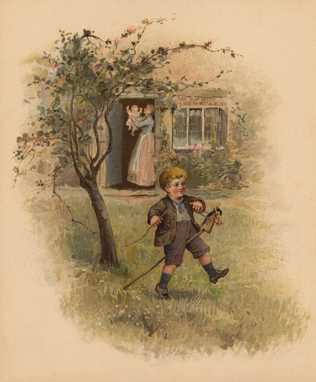 Pojke rider på sin käpphäst i trädgården (chromolitho) av English School