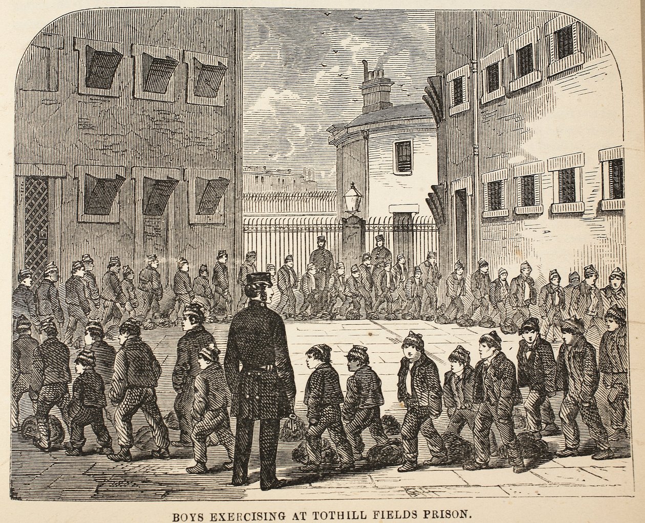 Pojkar som tränar på Tothill Fields Prison, illustration från The Criminal Prisons of London och scener från Prison Life av Henry Mayhew och John Binny, pub. 1862 av English School