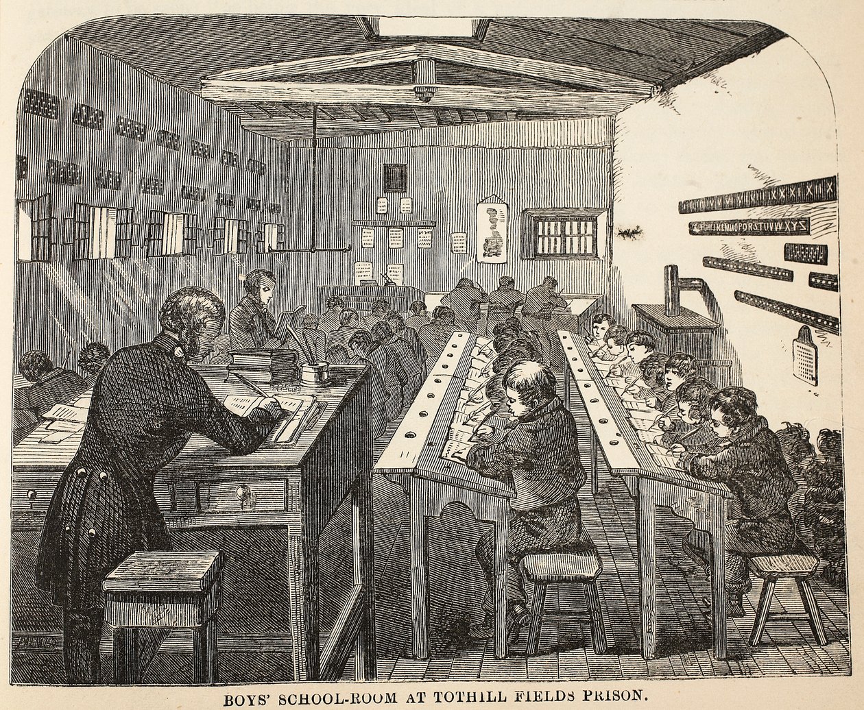 Skolrum för pojkar i Tothill Fields Prison, illustration från The Criminal Prisons of London och Scenes from Prison Life av Henry Mayhew och John Binny, pub. 1862 av English School