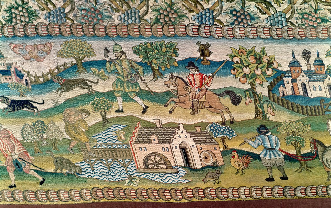 Bradford Table Carpet, detalj av scener av livet på landsbygden, sent 1500-tal av English School