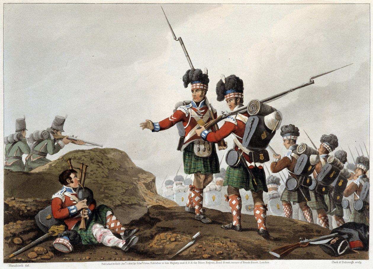 Tapperhet i "" Historiska, militära och marina anekdoter och incidenter som anlände till Storbritanniens och deras allierades vapen och slutade i Waterloo"" av Edward Orme. Ill. av Fry, Sutherland, Clark, Dubourg, W.Heart, JA, Atkinson... Red. 1819, London av English School