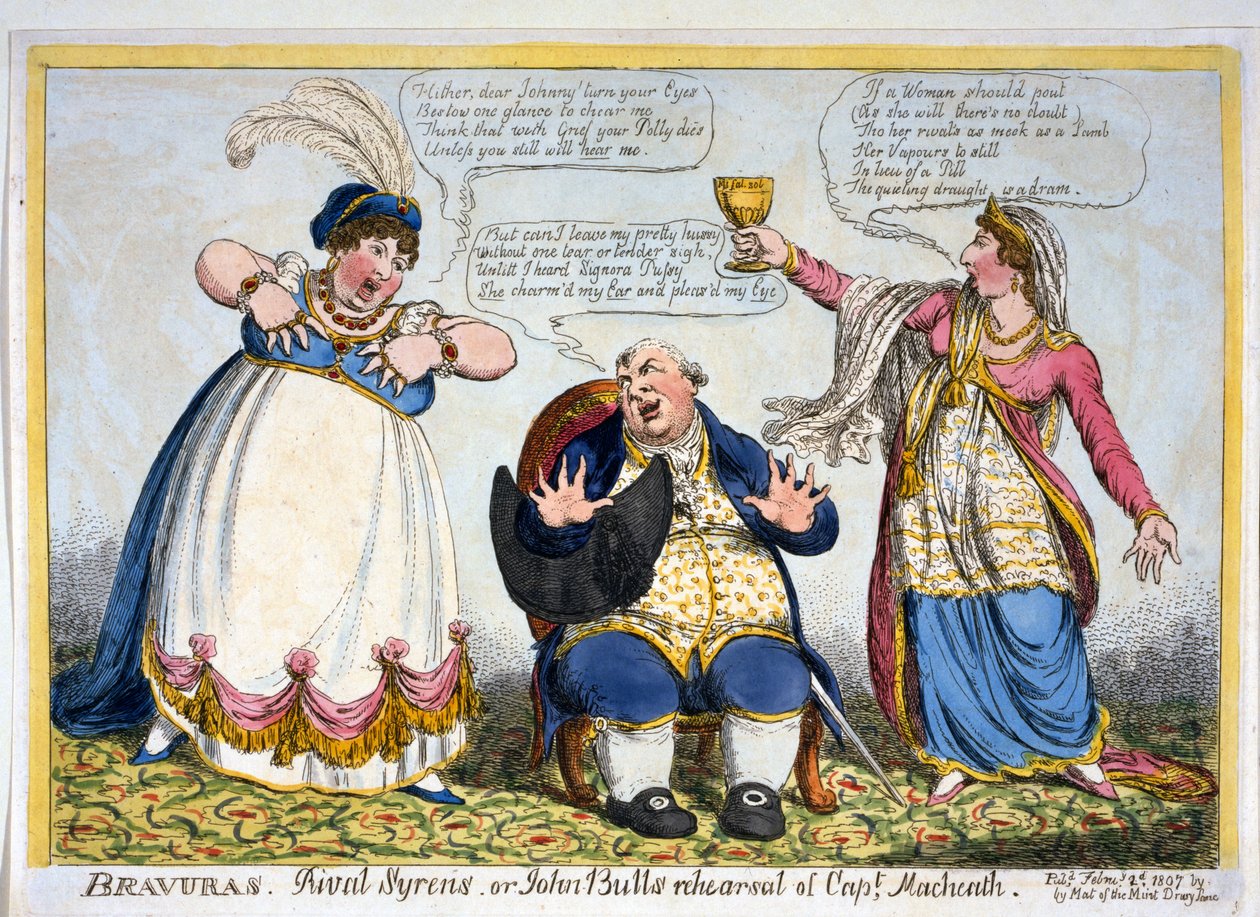 Bravurer, Rival Syrens eller John Bulls repetition av Capt. Macheath, pub. 1807 (handfärgad gravyr) av English School