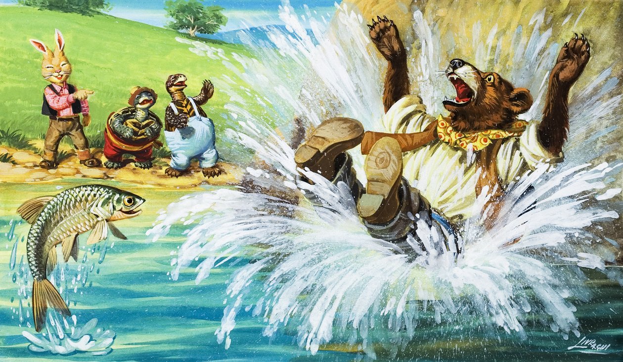 Brer Bear faller i floden (gouache på papper) av English School