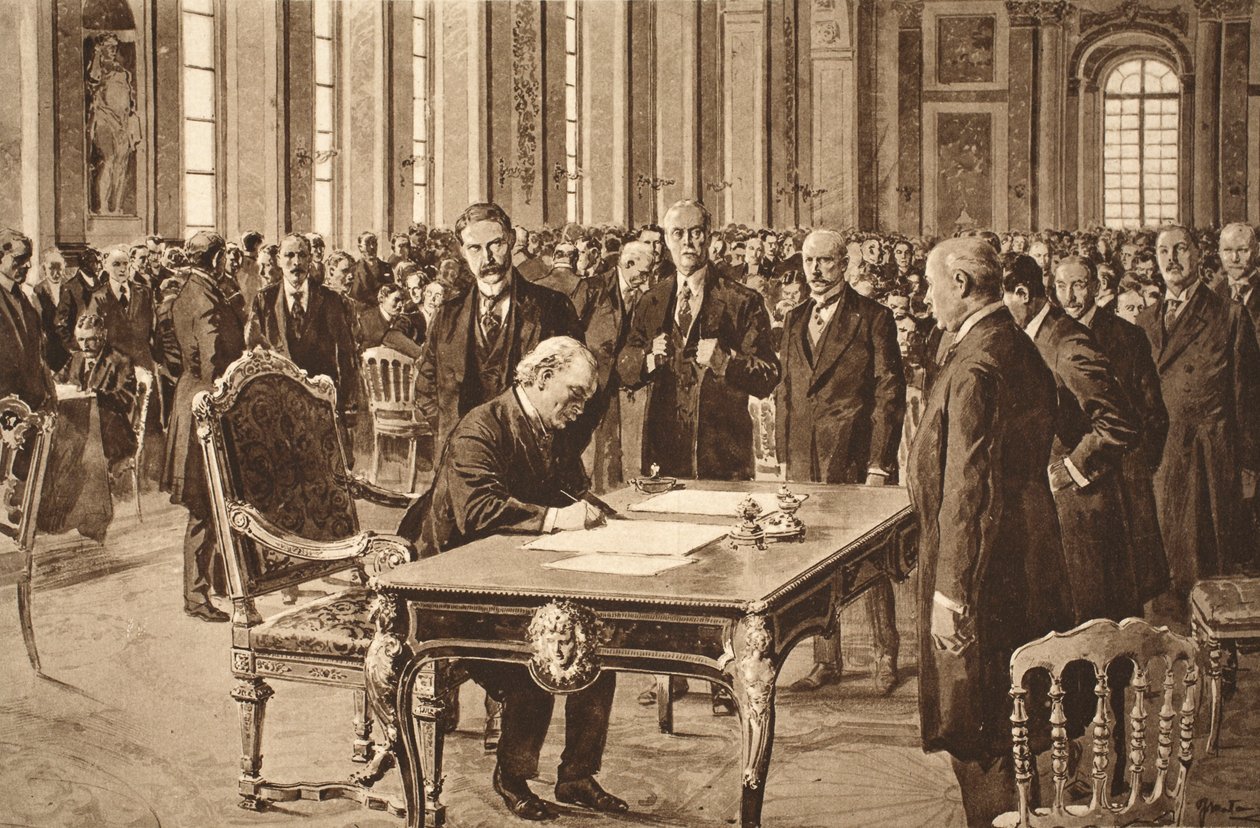 Storbritanniens premiärminister undertecknar fredsfördraget med Tyskland i Spegelsalen i Versailles den 28 juni 1919 av English School