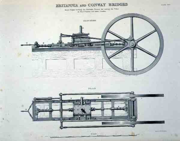 Britannia och Conway Bridges: Steam Engine Working the Hydraulic Presses for Raising the Tubes, av herrarna Easton och Amos från London (litho) av English School