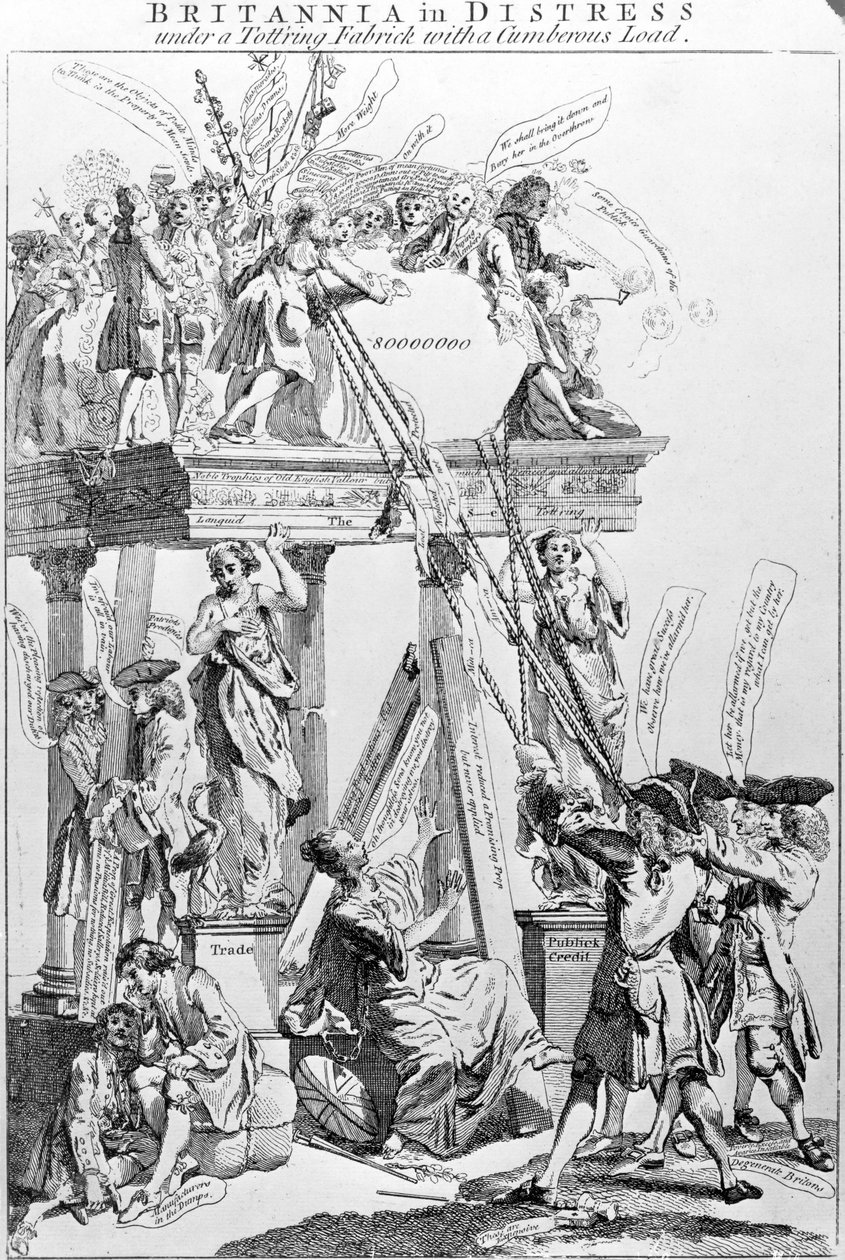 Britannia in Distress Under a Tottring Fabrick med en besvärlig last, cirka 1756 av English School