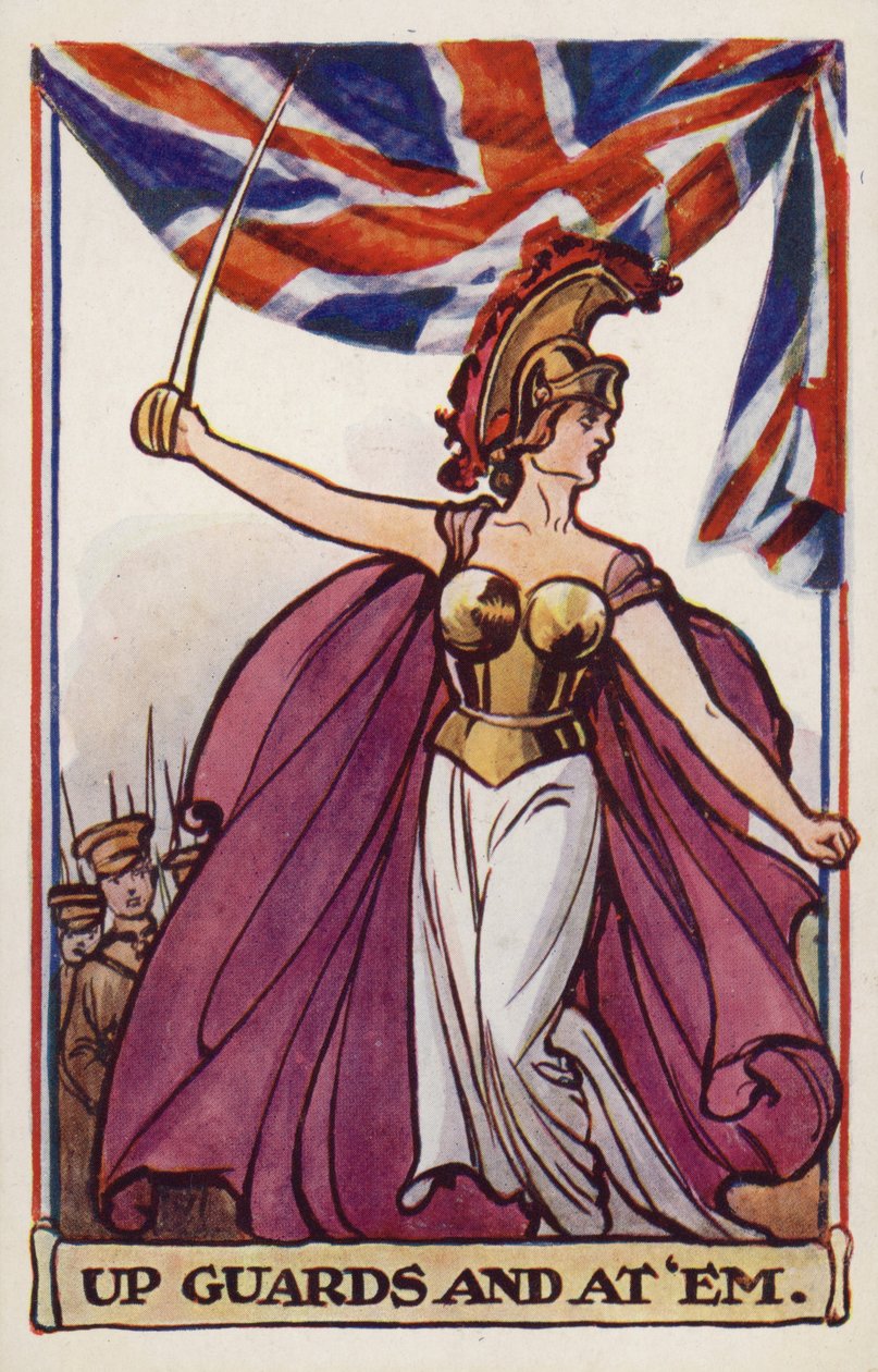 Britannia med soldater och unionsflagga (färglitografi) av English School