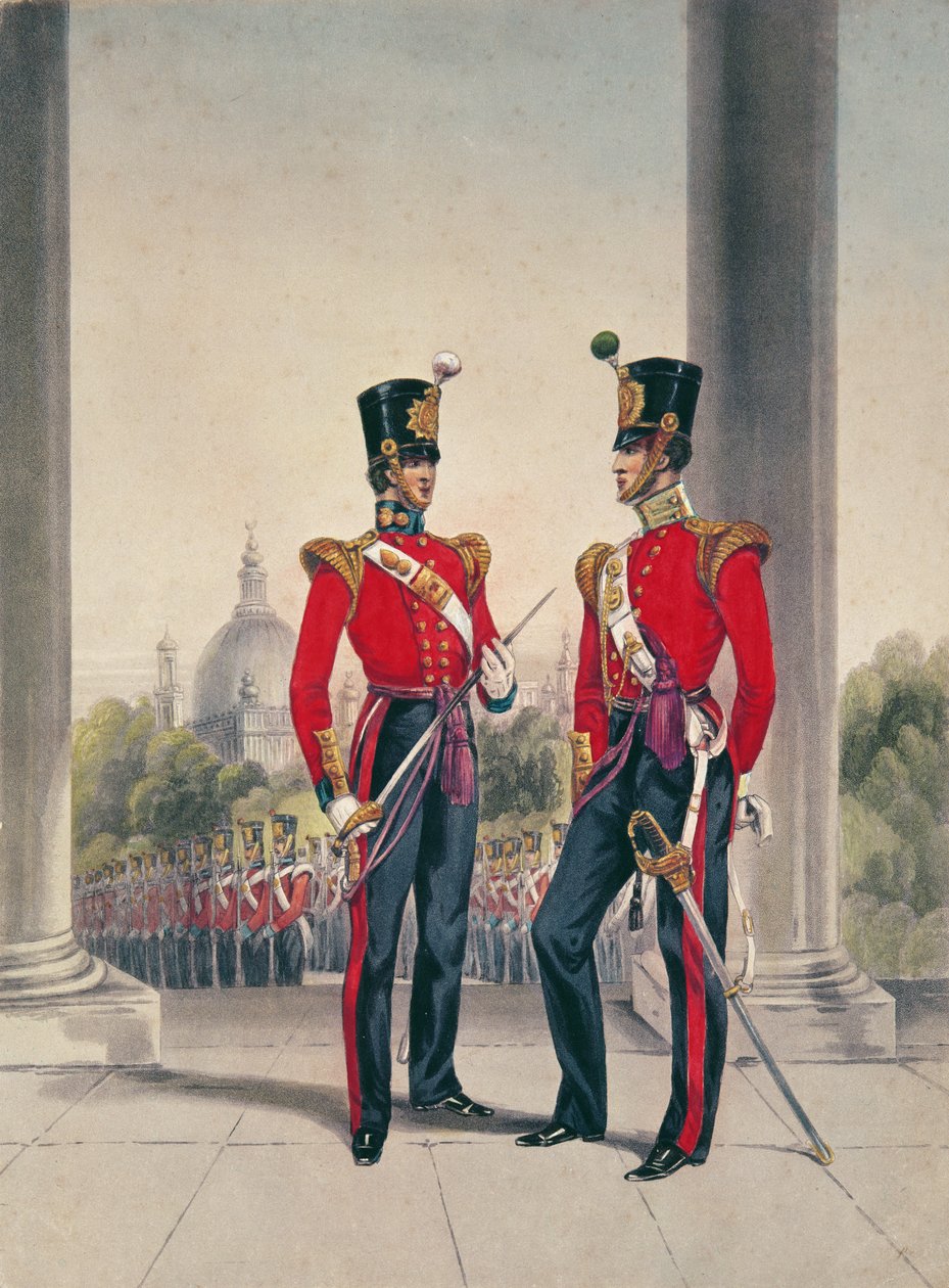 Brittiska officerare i Indien (färggravyr) av English School