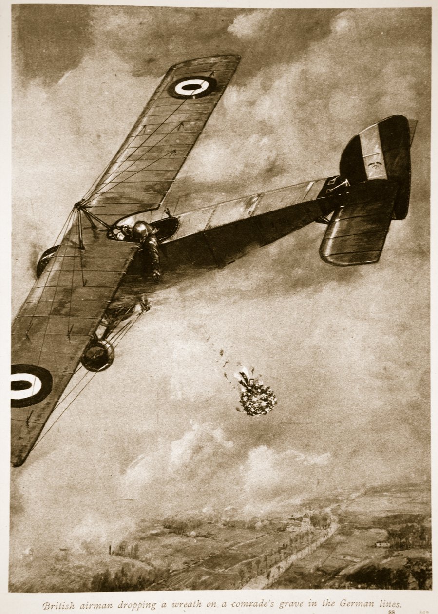 Brittisk flygman tappar en krans på en kamrats grav i de tyska linjerna, 1914-19 av English School